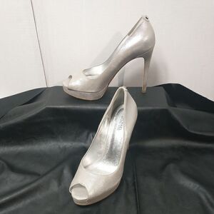 Michael Kors Erika Platform Open Toe Pumps Heels  Silver  Size 7M